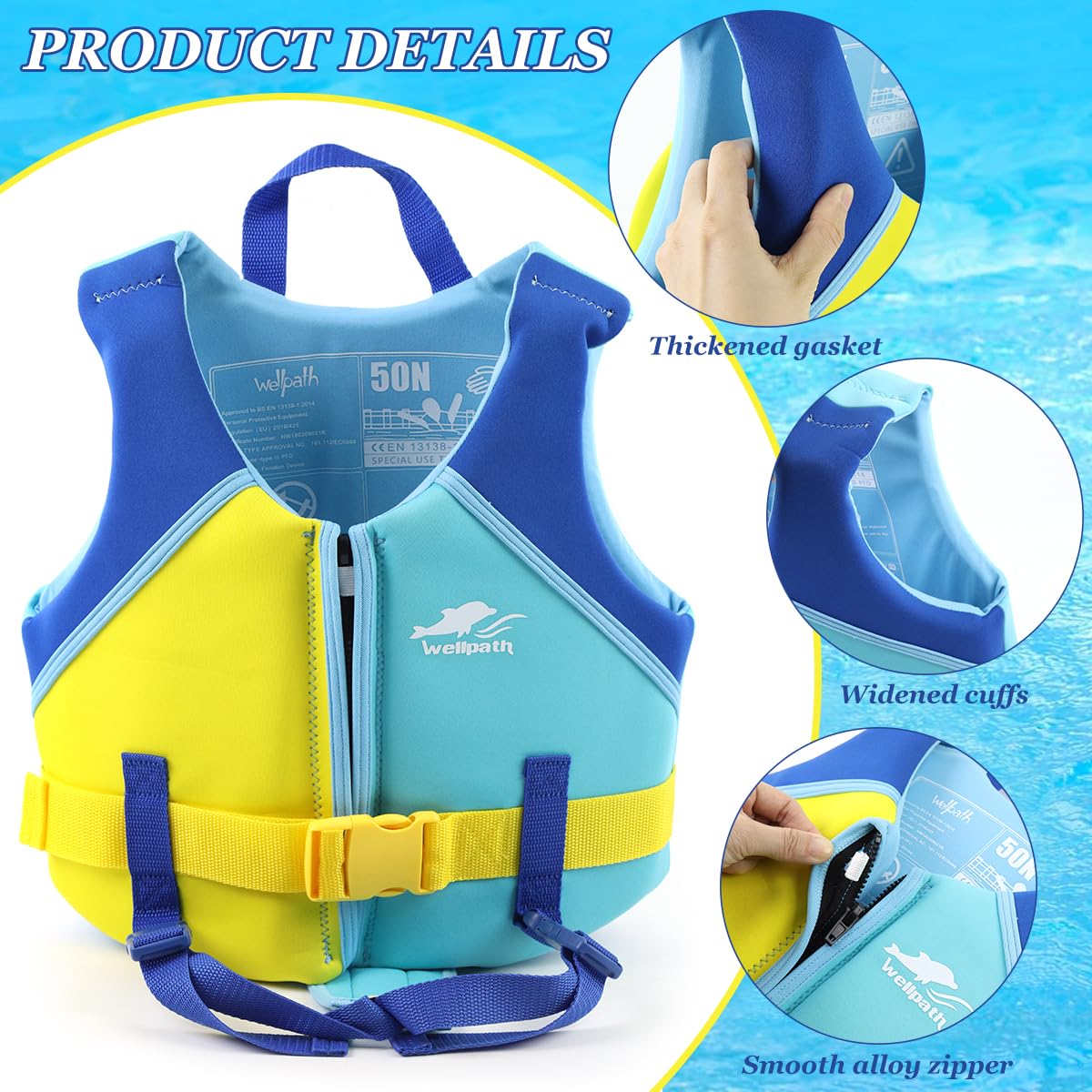 Proberos Kids Life Jacket for 5–7 Years with Adjustable Thigh Straps and EPE Foam | Blue and Yellow Swim Vest