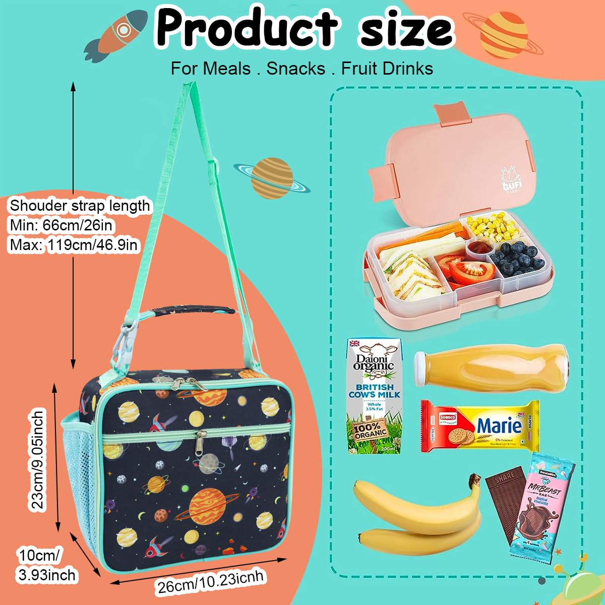 Venzina Lunch Box for Kids with 25×10×22cm Capacity and Detachable Shoulder Strap | Insulated Oxford Thermal Bag
