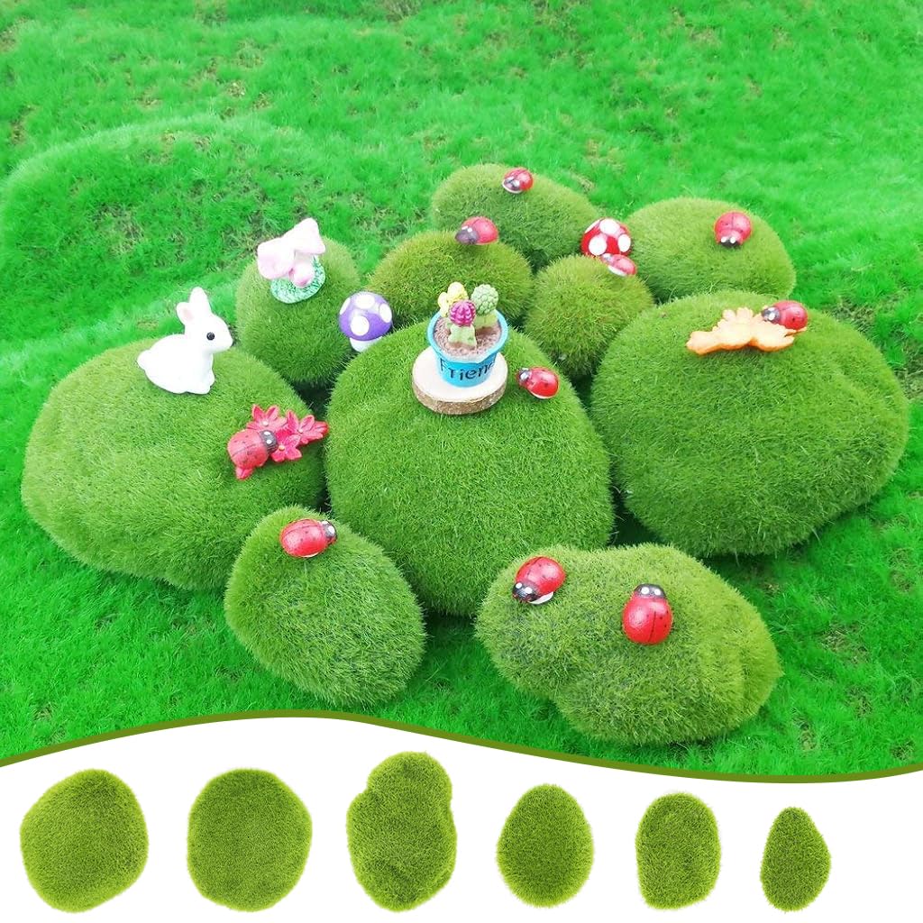 HASTHIP® 12pcs Small Artificial Moss Cobblestones Assorted Shaped Decorative Green Moss Covered Stones for Plant Pots