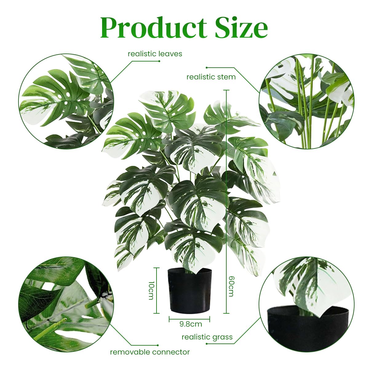 HASTHIP® 23.6-Inch Artificial Monstera Deliciosa Plant Pot - Realistic Green Plant Desk Decor with Black Pot, Lifelike Detail, No Maintenance, Perfect for Home Office Decor and Housewarming Gifts