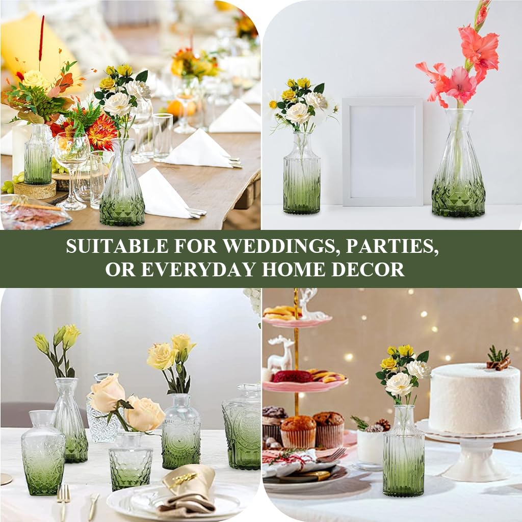 HASTHIP Glass Vase Set for Flower Arrangement featuring 10 Retro Embossed Designs | Transparent Green Gradient Decor