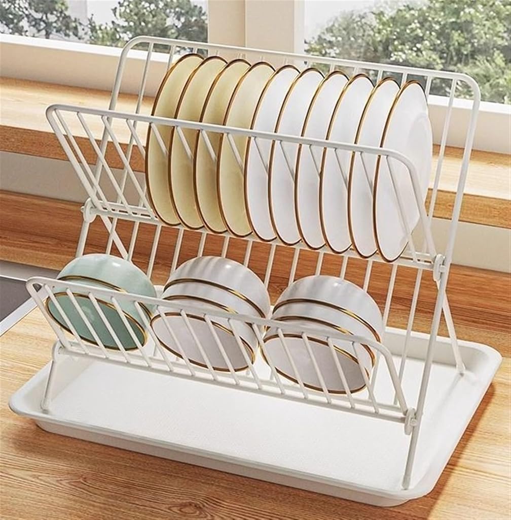 HASTHIP® H20 Foldable Dish Drying Rack with Drainboard, Stainless Steel 2 Tier Dish Drainer Rack, L X-Shaped Kitchen Shelf with Large Capacity for Kitchen Sink, Countertop, Cutlery, Plates(White)