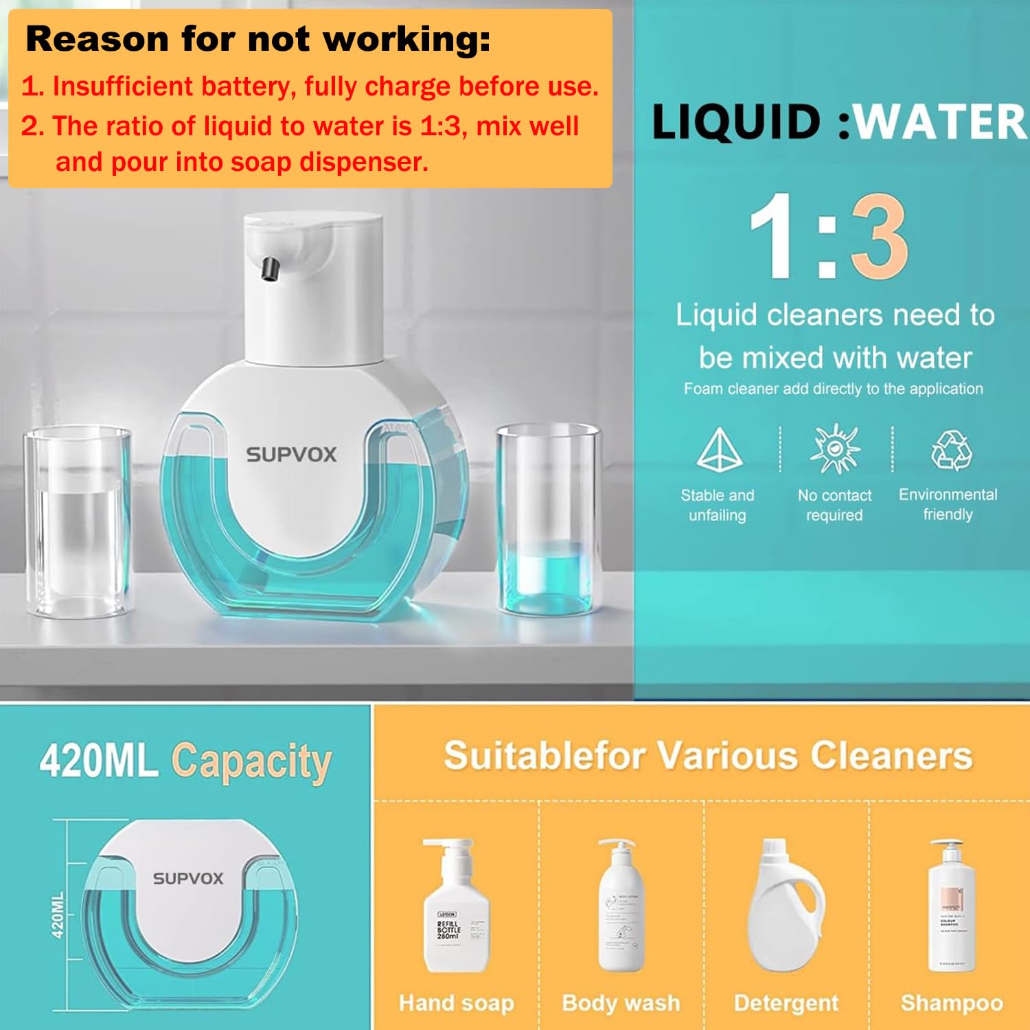 Supvox® Smart Auto Soap Dispenser Soap Foamer Dispenser No-Touch Automatic Soap Dispenser Fine Foam Dispenser 430ml Hand Wash Soap Foamer Handwash Dispenser for Kitchen Bathroom Office Public Area