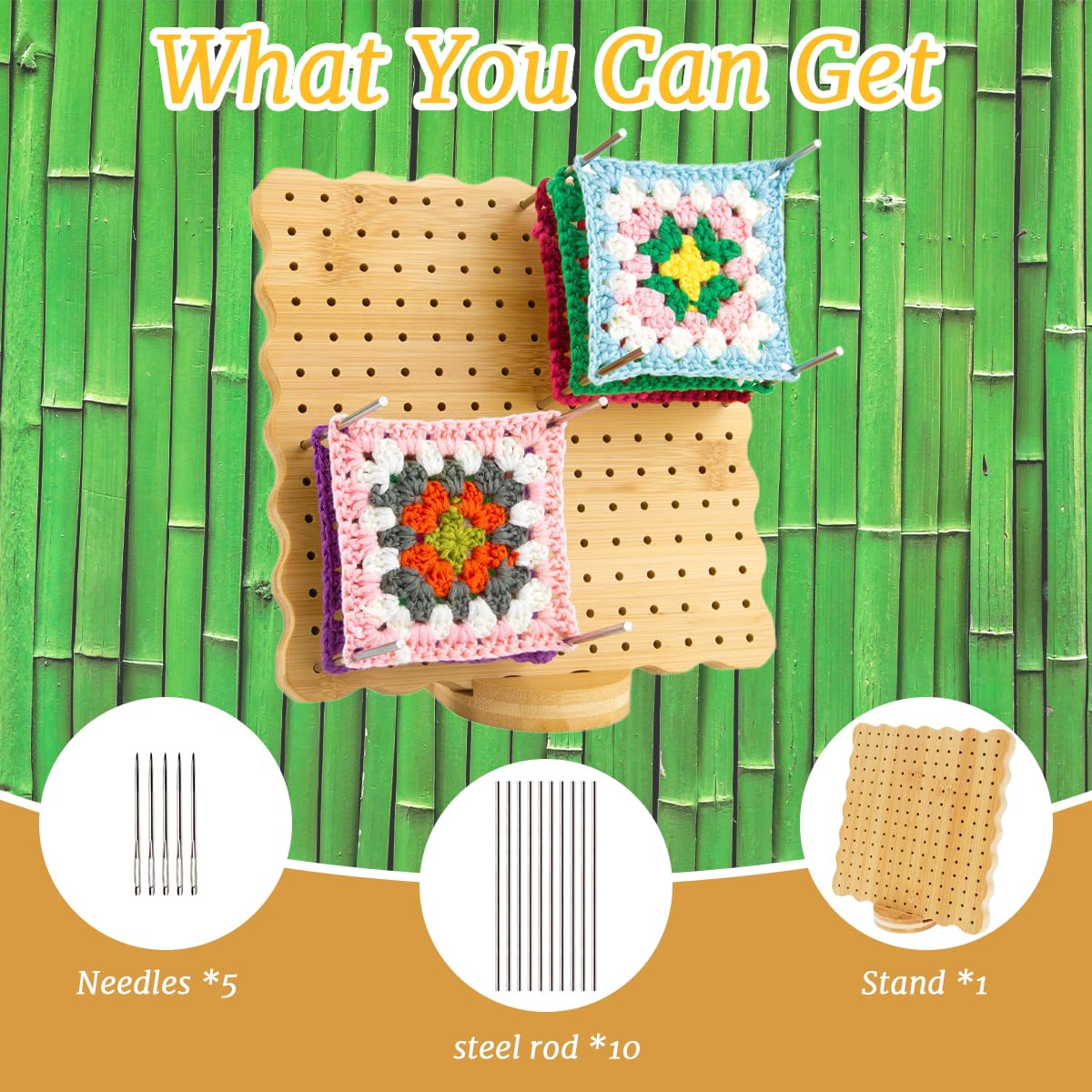 HASTHIP Crochet Blocking Board for Knitting Projects with 6 Steel Pins and 5 Yarn Needles | 7.7 in Bamboo Board for DIY Crocheters