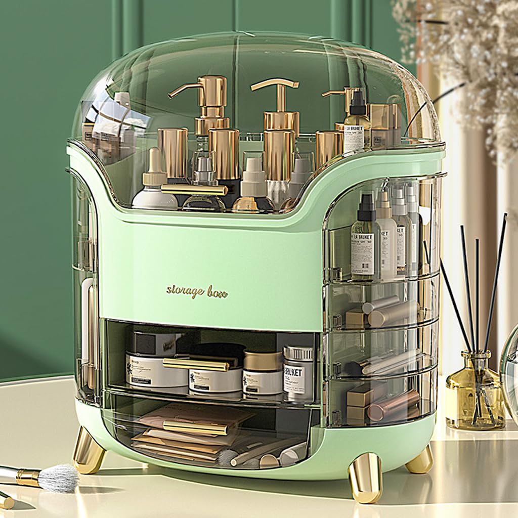 HANNEA® Dressing Table Organizer Large Makeup Organizer Multi Layer Open Cosmetics Organizer Case with Lipstick Storage Slots, Drawers, Skincare Product Organizers Box for Dressing Table (Green)