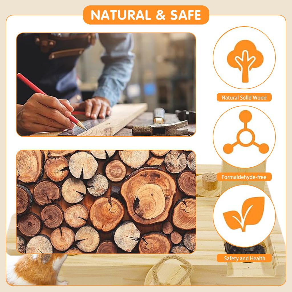 Qpets Guinea Pig Foraging Toy with 6 Compartment Slow Feeder in Wood for Small Pets | 7x5 in