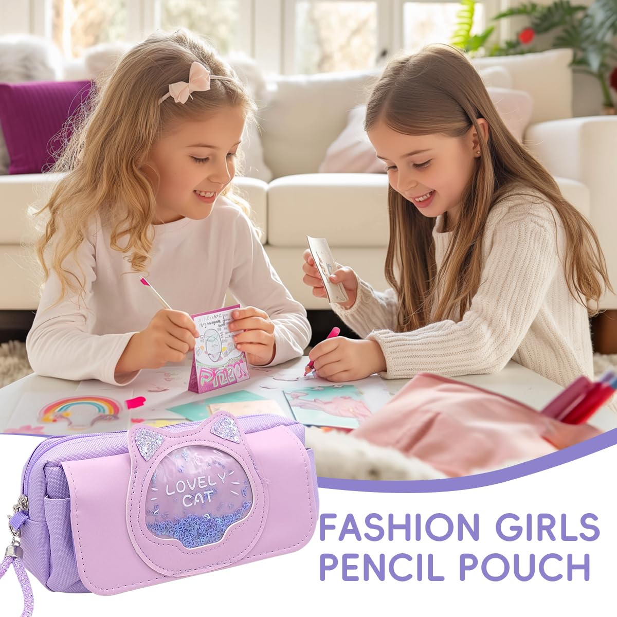 Zibuyu Pencil Pouch for Schoolgirls with Double Layer Zipper and Cute Purple Kitty Design