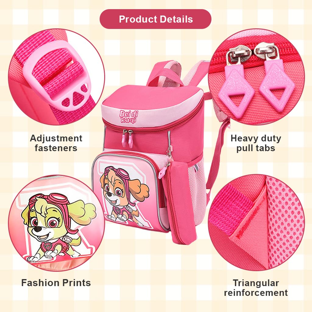 PALAY® School Backpack Paw Patrol Schoolgirls Backpack with Pencil Pouch Travel Backpack Pink Sky Cartoon Print Book Bag Gift for Girls School Gift for Kids 5-8 Years Old