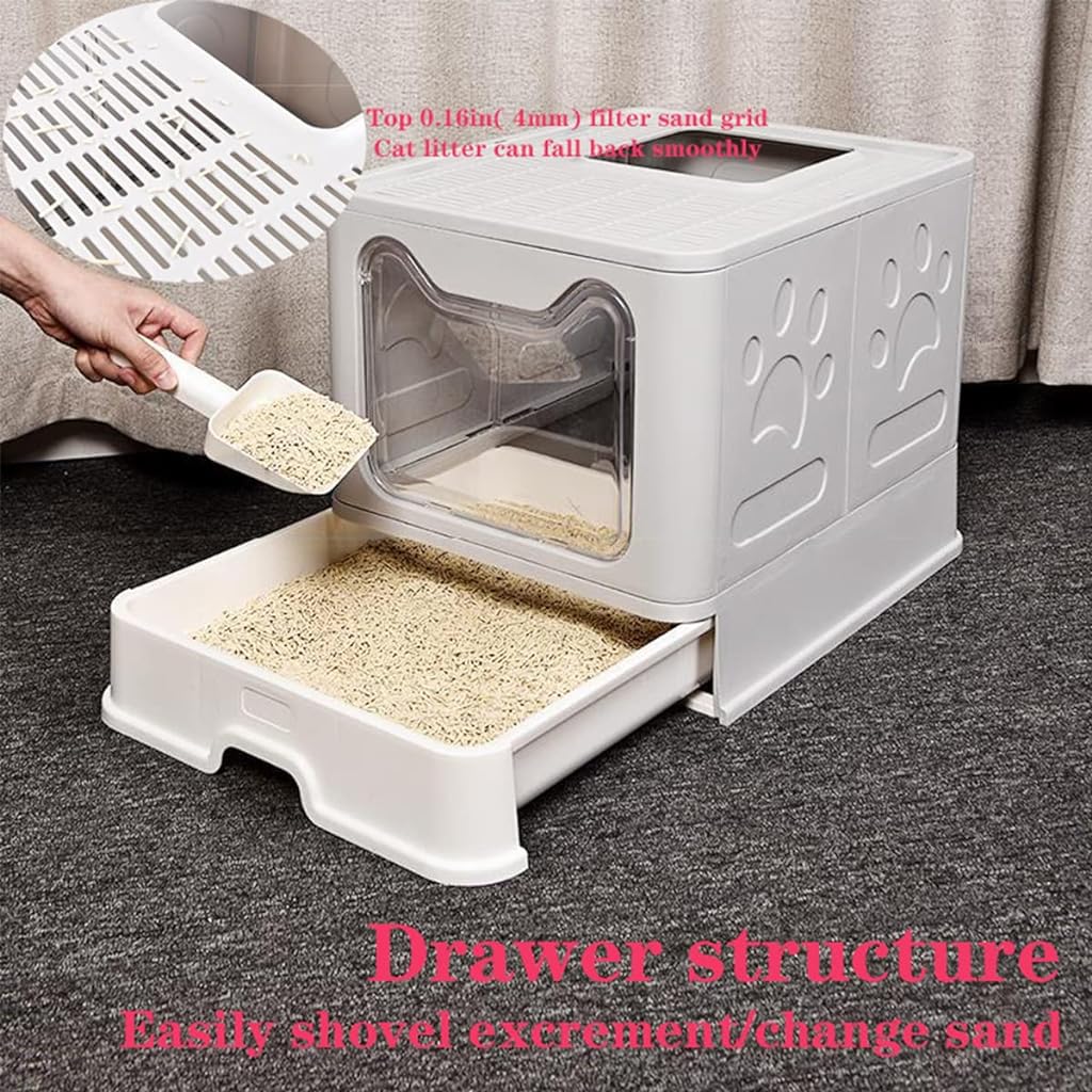 Qpets® Cat Litter Box, Foldable Cat Litter Tray Cat House, Anti Spill Drawer Design Litter Box for Cats Large, Odor Removal Enclosed Kitten Litter Box for Adult Cats Big (51 * 41 * 38 CM)