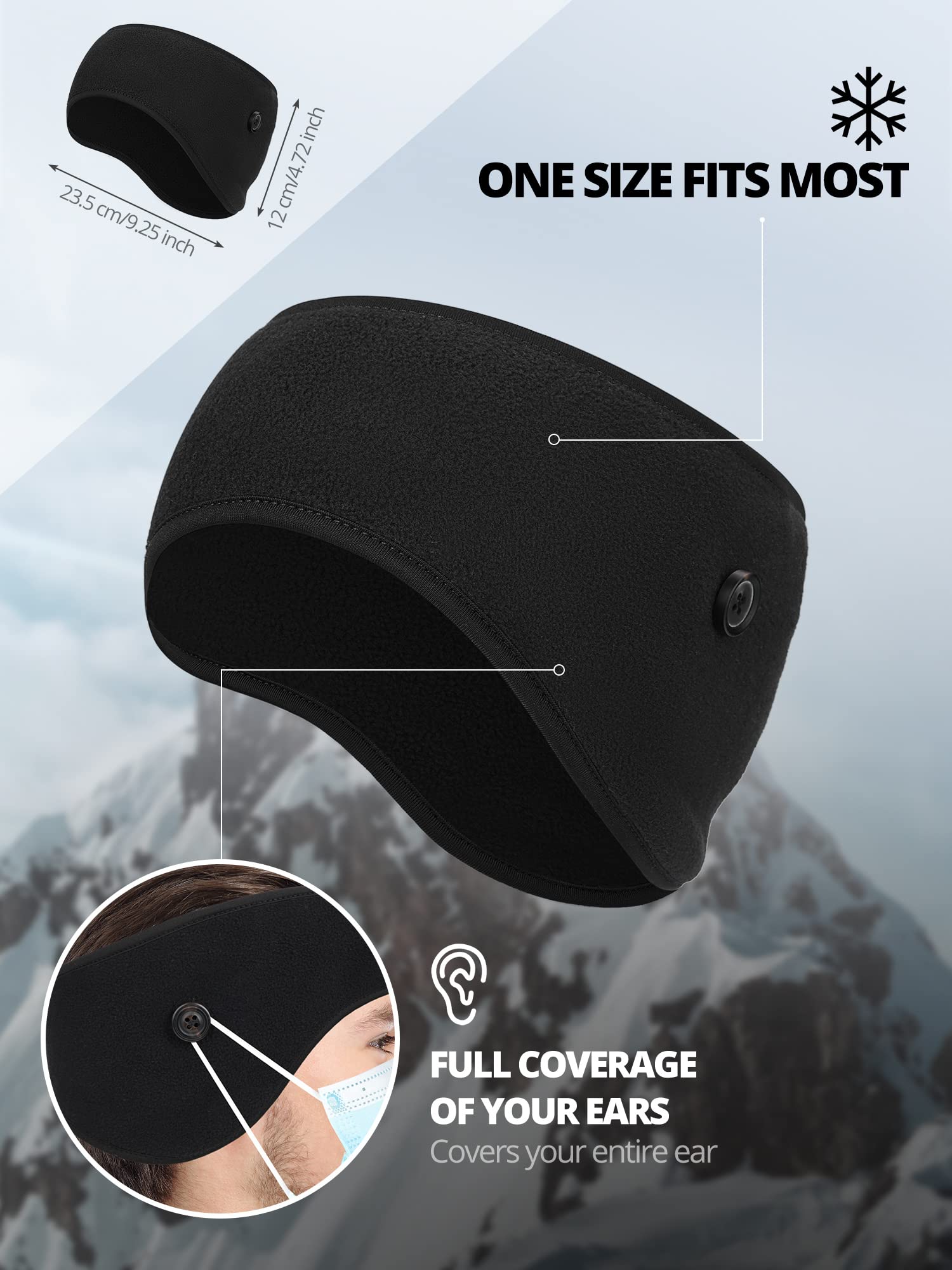 PALAY Winter Headband for Running and Cycling with Button Design and Polar Fleece | 9.25×4.72 in Unisex Ear Warmer