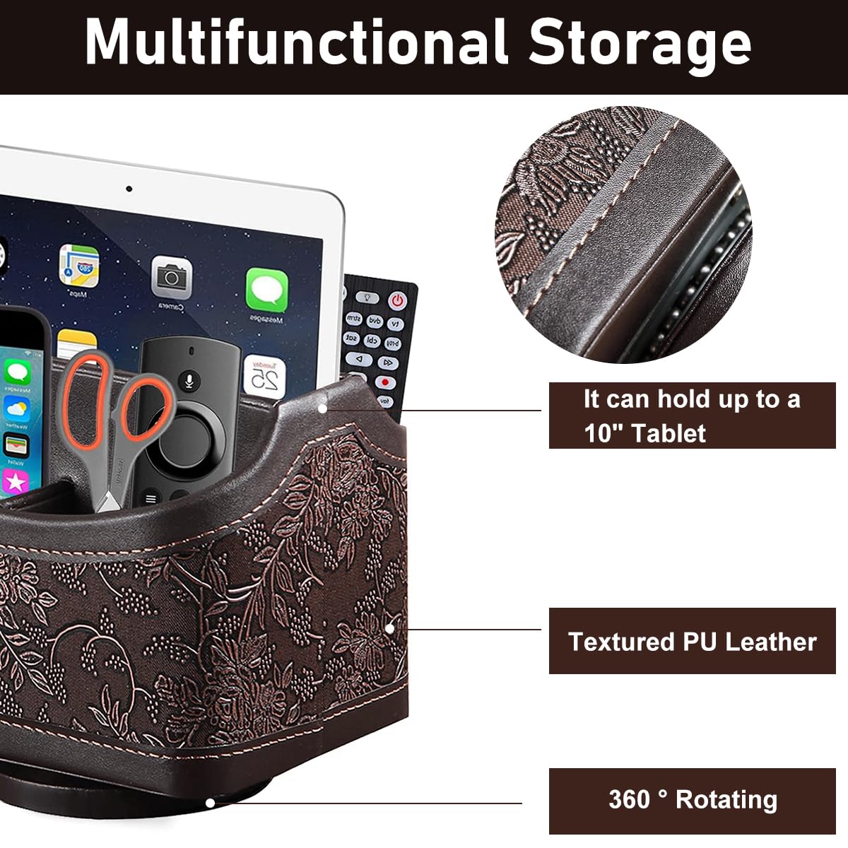 Climberty Desk Organizer with 360 Rotatable Base and Vintage Embossed Brown PU Leather | 17.5x13.5x15.5cm
