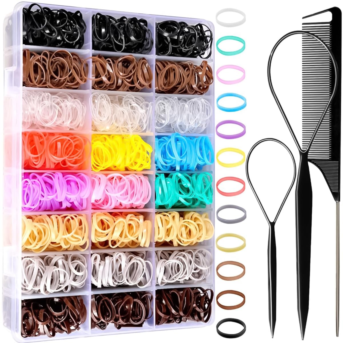 PALAY® 2000pcs Hair Rubber Band for Women Girls Elastic Hair Bands Kit Colorful Small Hair Ties Hair Elastics with Fine-Tooth Tail Comb and Loop Styling Tools