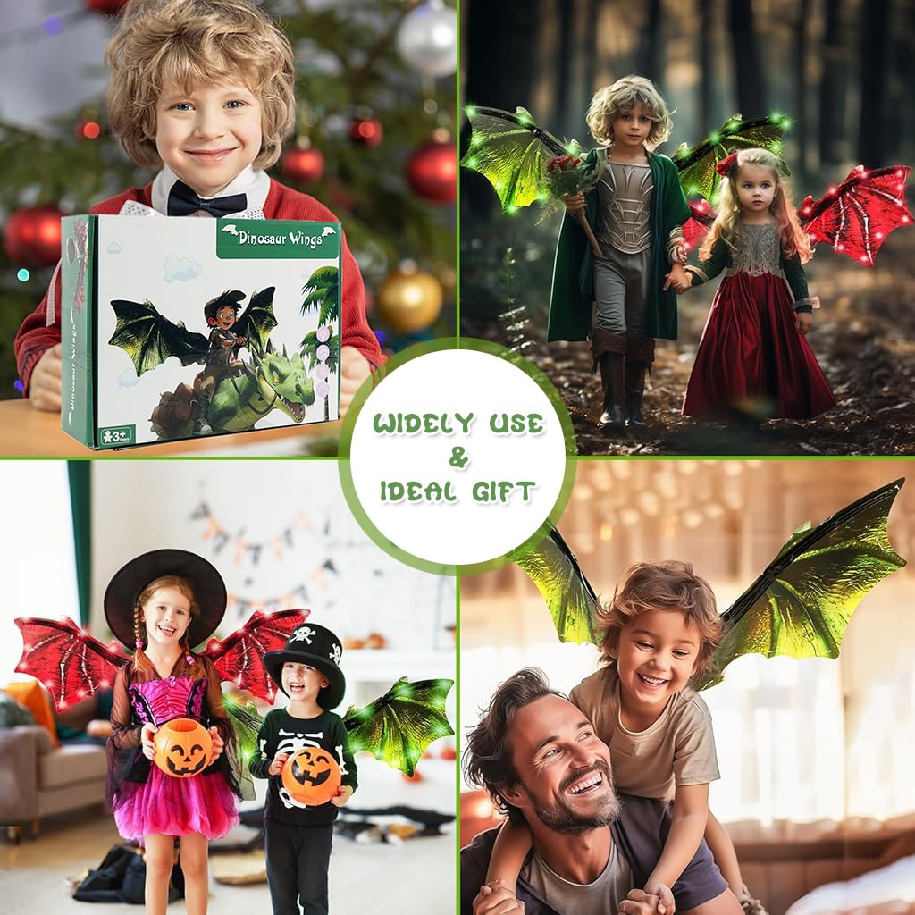 PATPAT Electric Dinosaur Wings for Kids with LED Light and Music featuring Motorized Flap | Green Halloween Costume for Boys and Girls