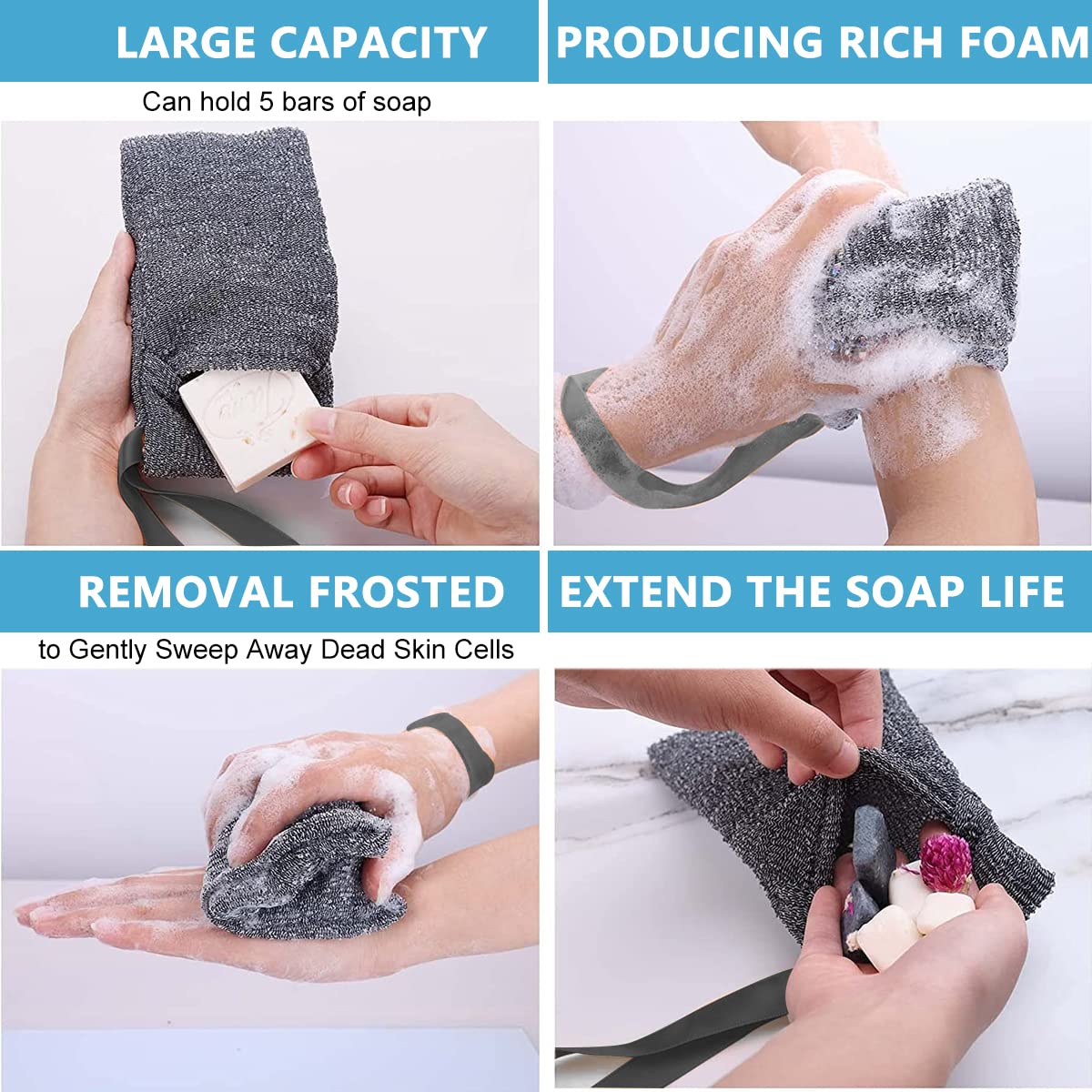 Maycreate Soap Saver Bags for Bath or Shower 6 Pack with Hanging Rope | Gray Mesh Exfoliating Pouch 7.87x4.72 in