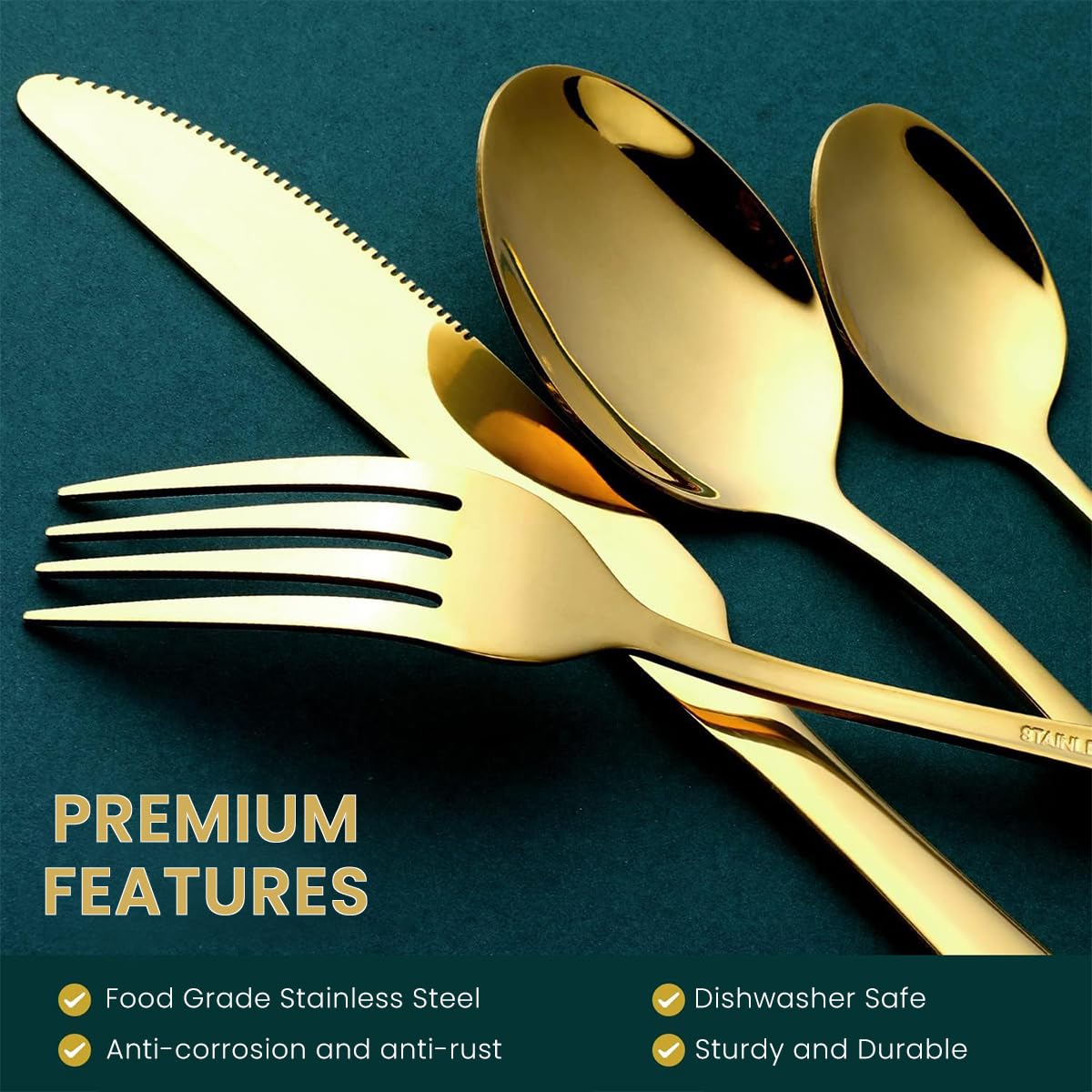 HASTHIP Cutlery Set for Home and Restaurant with Serrated Knives and Comfortable Grip | 16 Pcs Gold Stainless Steel Flatware