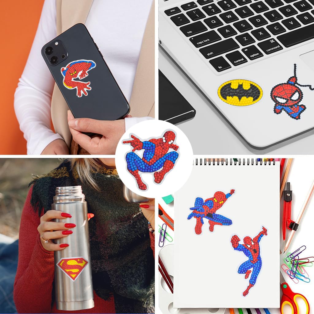 PATPAT® DIY Diamond Painting Stickers Kit 8Pcs Cartoon Spiderman Diamond Painting Art Sticker for Kids Self-adhesive Color Diamond Painting Art Sticker Kit for Kids & Adults Gift for Kids Age 3+