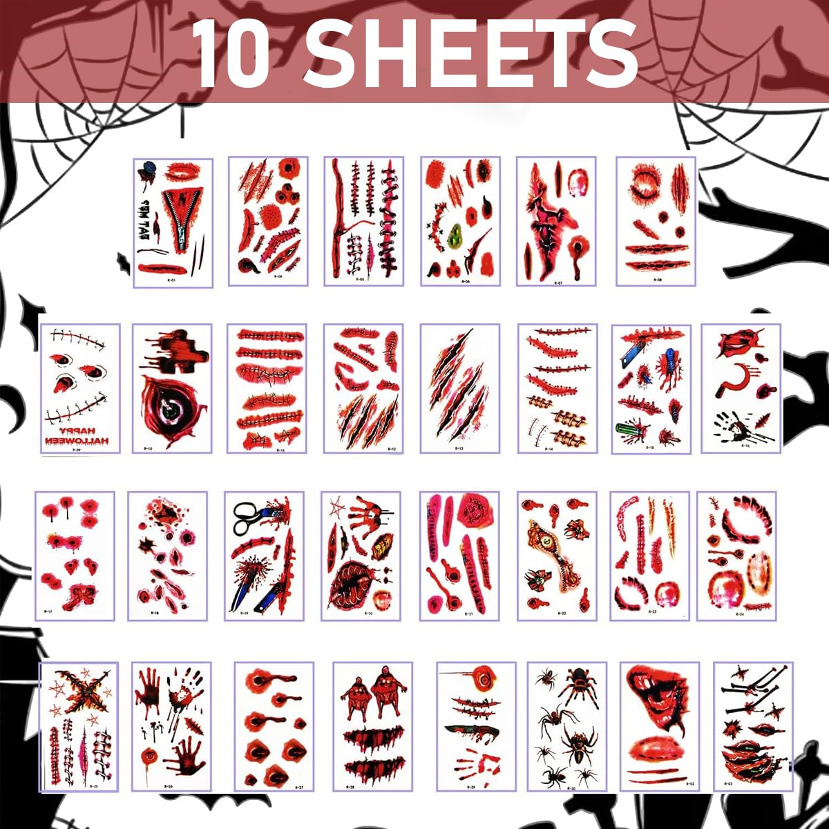 MAYCREATE Halloween Face Tattoo Stickers for Makeup and Theme Parties featuring 30 Sheets | Safe Waterproof Wound Designs