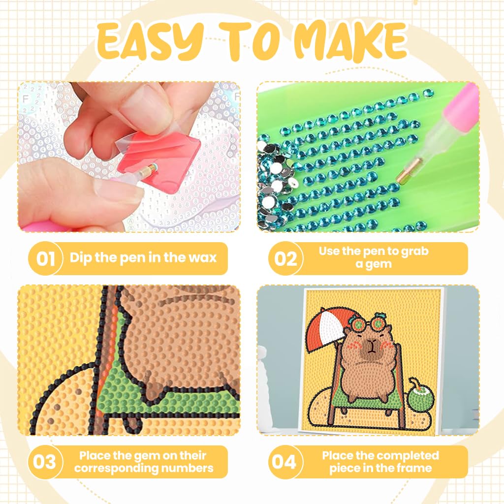 PATPAT DIY Diamond Painting Art Kit for Kids 7 Inches with Wooden Frame and Cute Capybara Design
