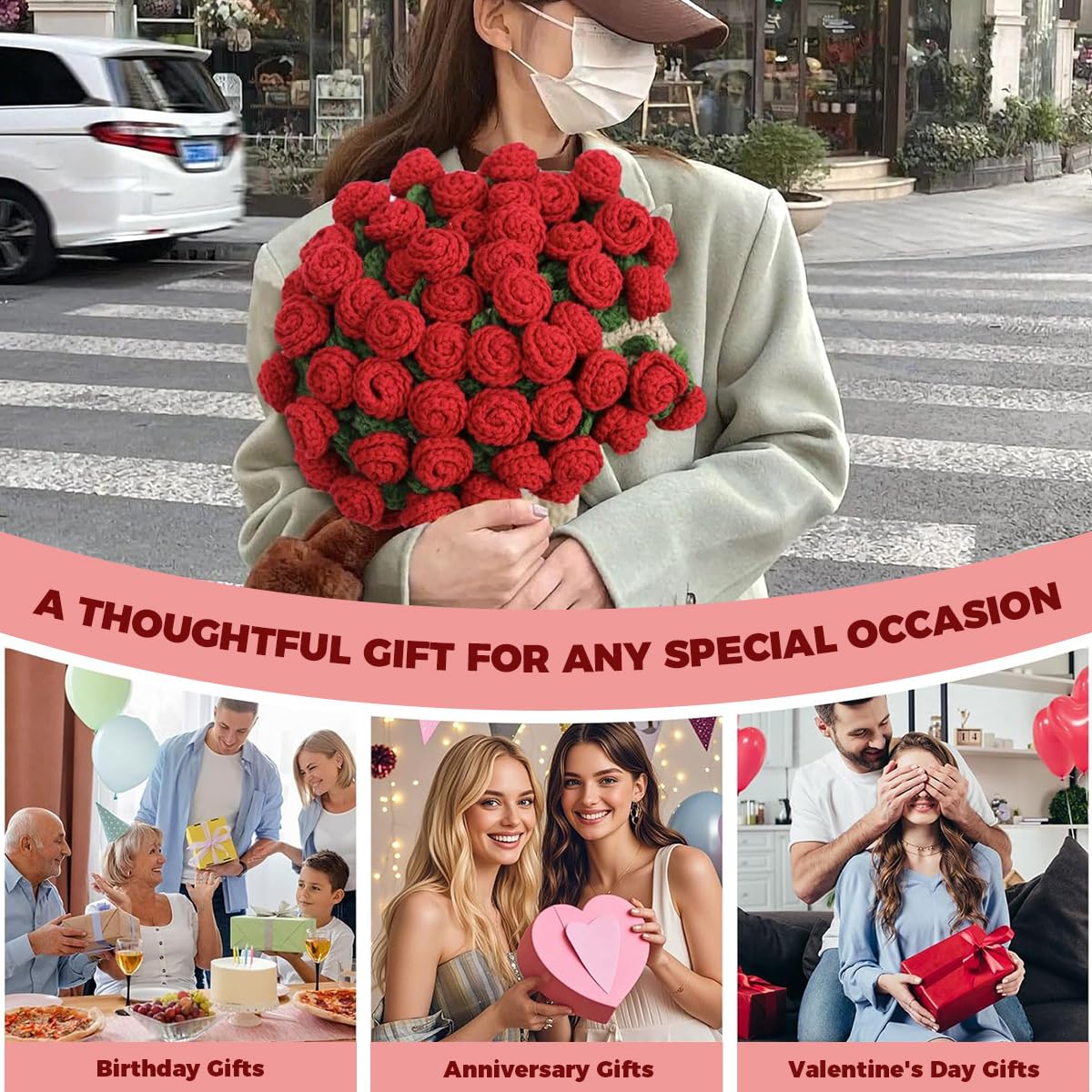 HASTHIP Flower Bouquet Blanket for All Seasons with 3D Crochet Floral Design | 80cm Soft Knitted Throw