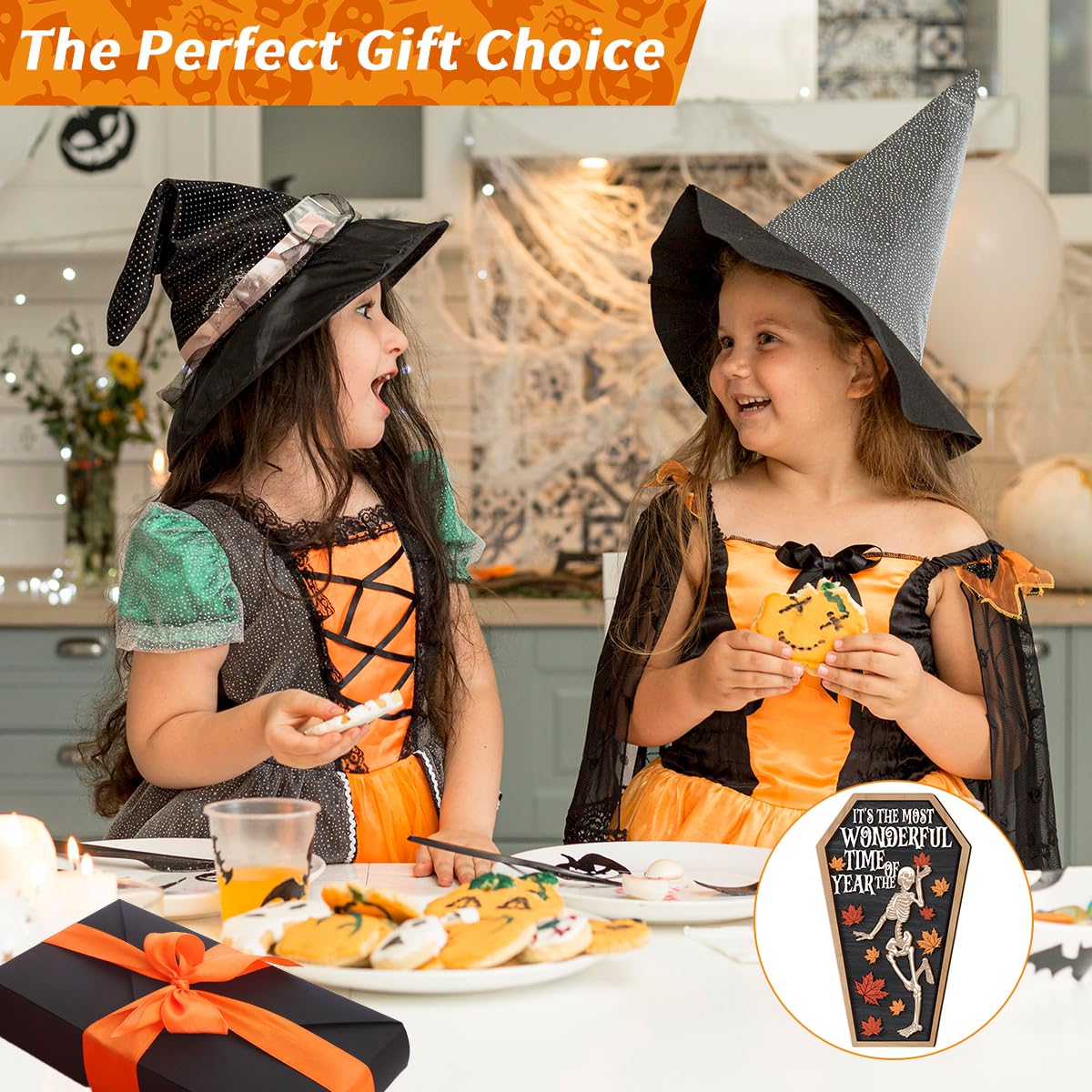 HASTHIP Halloween Desk Decor for Party and Home featuring Wooden Skeleton Coffin Panel 6.3x11.8cm