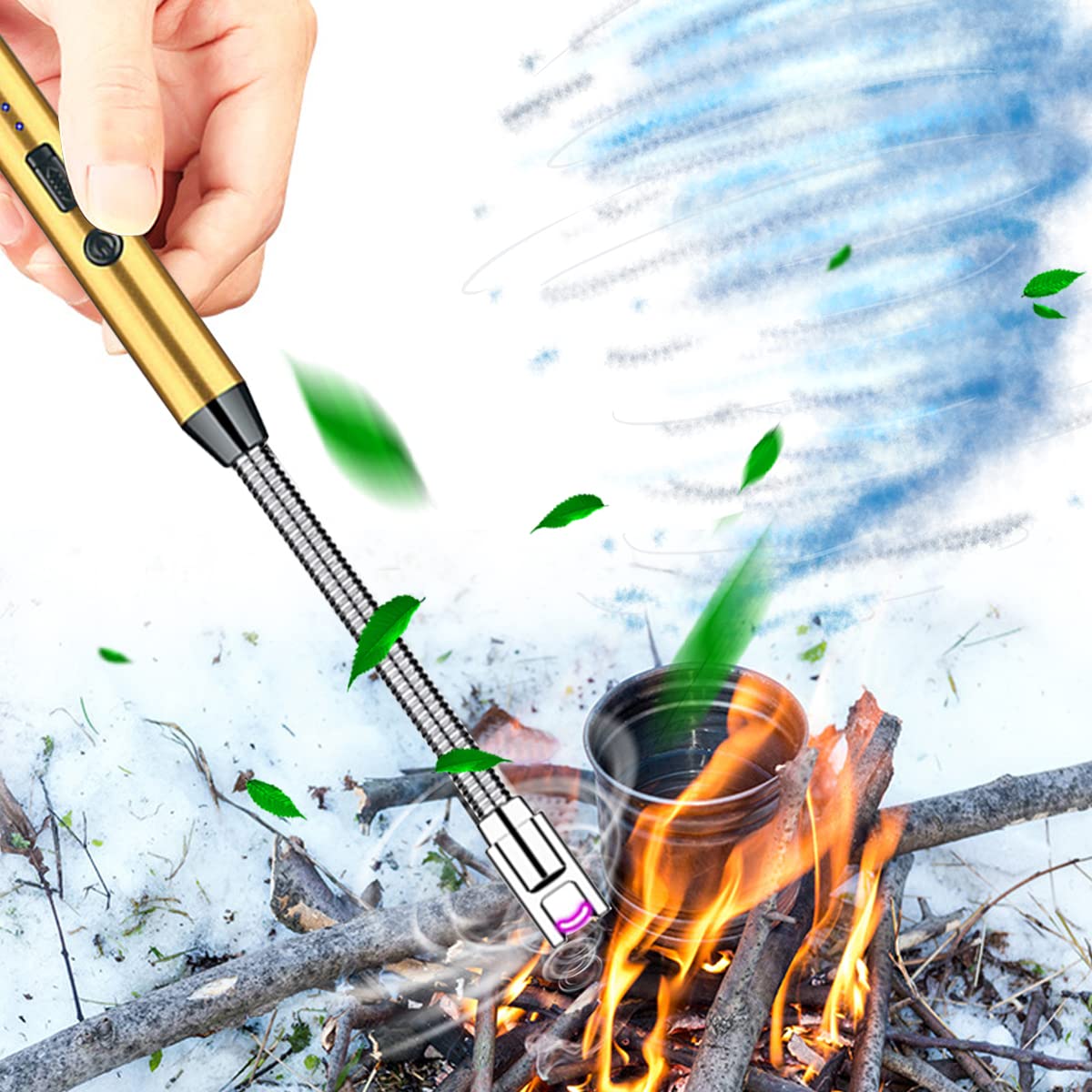 Supvox USB Rechargeable Electric Gas Lighter for Kitchen and Candles featuring 360° Flexible Neck | Gold