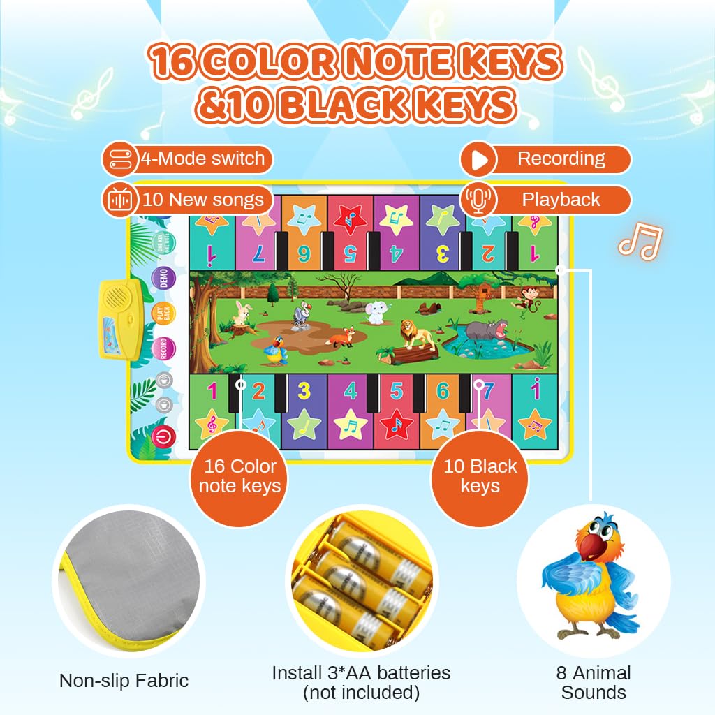 PATPAT Piano Mat for Kids with 16 Keys and 8 Instrument Sounds featuring Dual Row Design | 36 x 24 in Foldable Musical Floor Toy for Early Learning