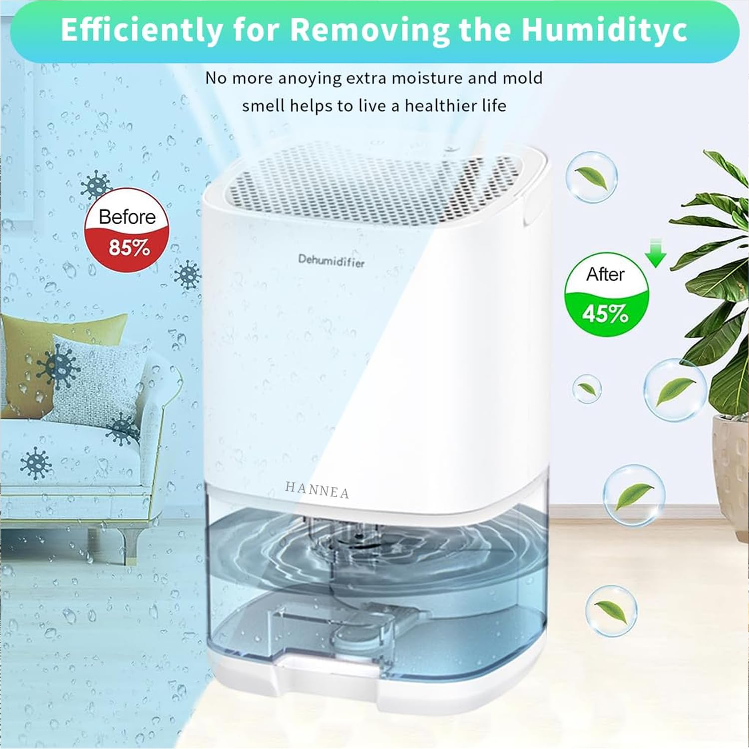 HANNEA Dehumidifier for Room with 1000ml Tank and Auto Shut Off | Quiet 30dB Operation