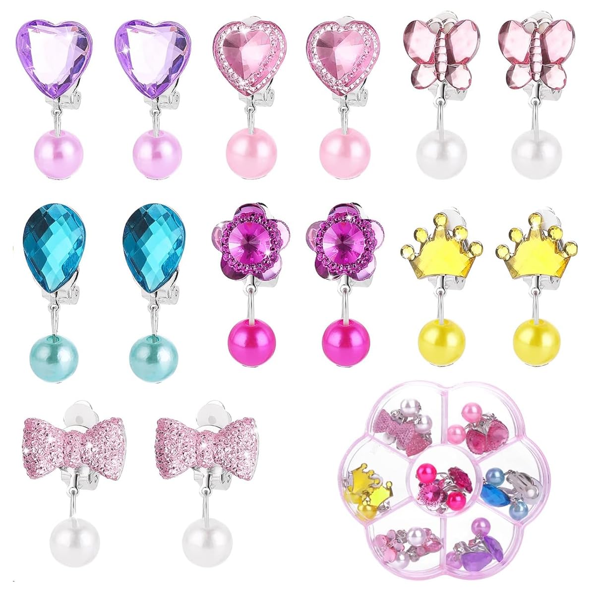 MAYCREATE® 7 Pairs Earinging for Girls Stylish Clip On Earrings for Non Pierced Ears Kids Earrings for Girls Color Resin Crystal Earrings Jewelry Pretend Play Party Favor Dressing Up Jewelry