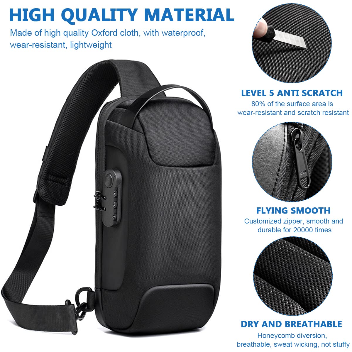 GUSTAVE® Cross Body Bags for Men with Password Lock and USB Charging Port, Anti Theft Waterproof Crossbody Backpack Adjustable Strap Shoulder Men's Chest Bag for Travel Outdoor Activities Cycling