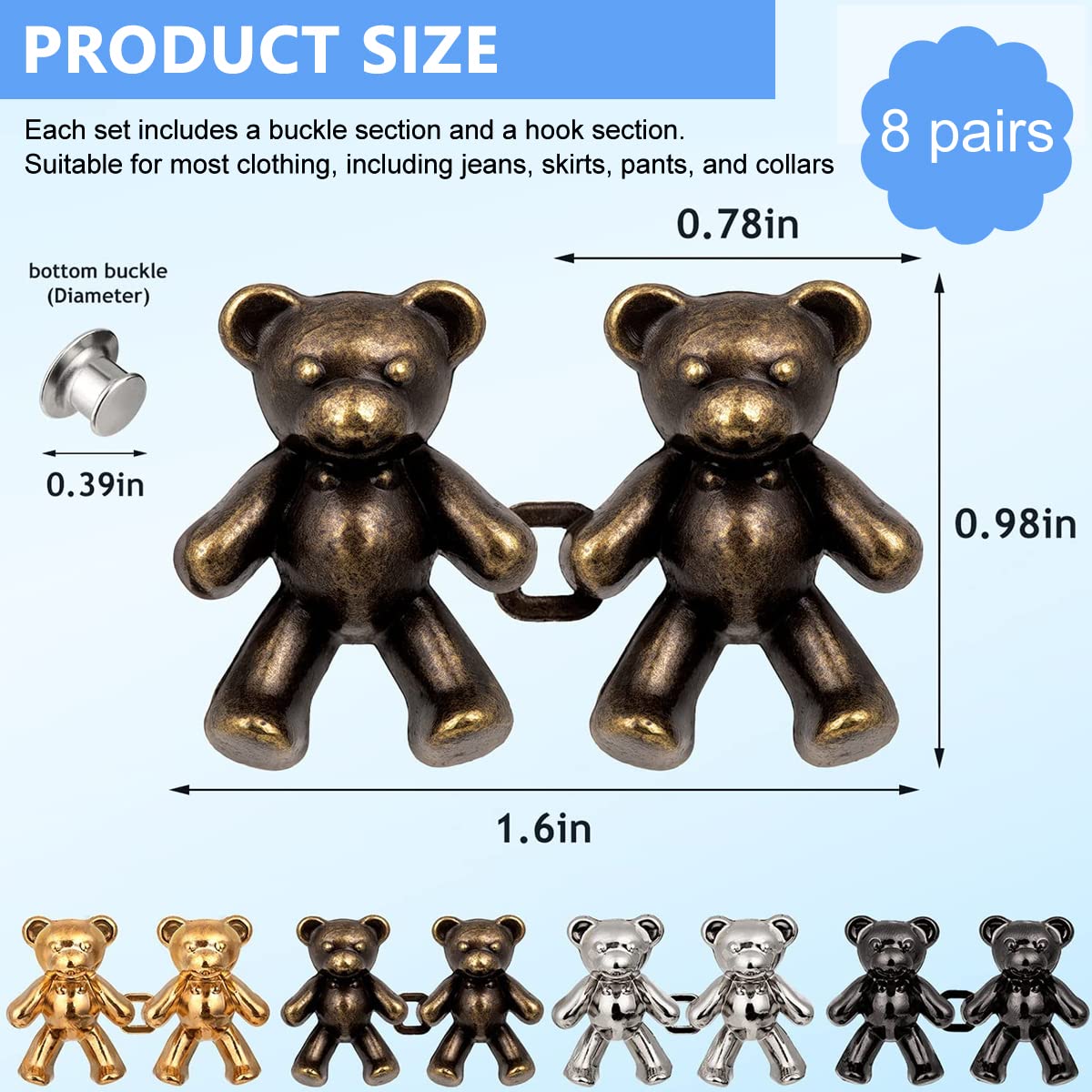 SANNIDHI 8 Pairs Detachable Jeans Button Cute Bear Button Pins for Jeans, No Sew Instant Adjustable Waist Buckle Loose Jeans Waist Adjuster Tightener for Skirt Pants