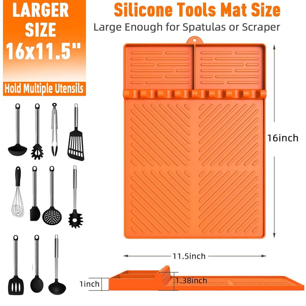 HASTHIP Silicone Grill Mat Compatible - Utensils Organizer Mat - Kitchen Drain Mat - Silicone Griddle Tools Mat with Drip Pad - Heat Resistant Grill Mat - Seasoning Bottles Tray & Kitchen Utensils