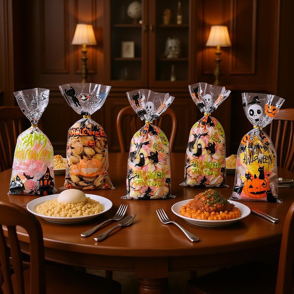 HASTHIP Halloween Goodie Bags for Party Treats featuring 100 Pack 5.1×10.6 in Size with Golden Twist Ties