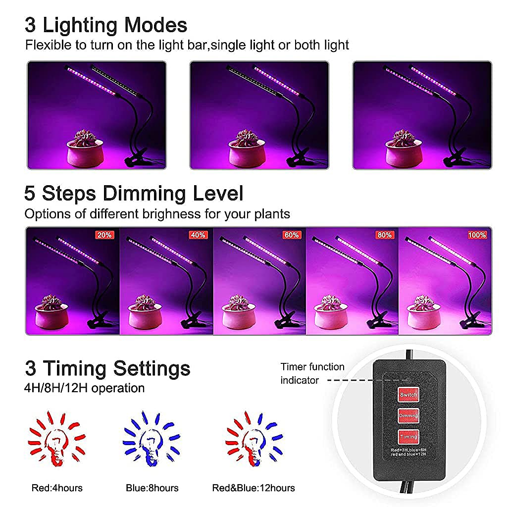 HASTHIP Led Grow Light for Indoor Plants with 40W Two Head 360° Adjustable Gooseneck | USB Rechargeable Timing Control