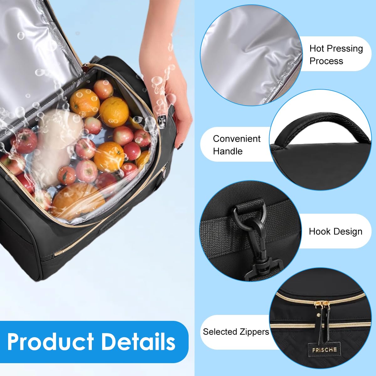 HASTHIP Lunch Bag for Office School and Picnic with Waterproof Insulated Design | Quilted Black Tote Featuring Handle and Shoulder Strap