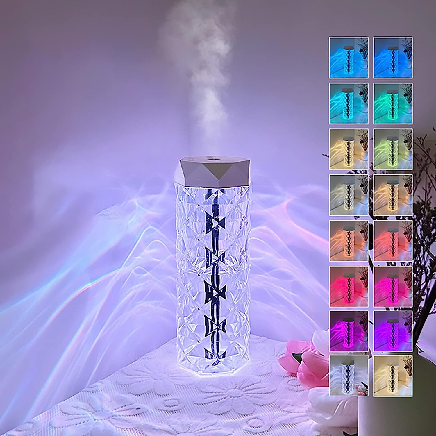 HASTHIP® LED Crystal Humidifier 1000ml USB Essential Oil Diffuser with 7-Color Light Cool Mist Humidifier with 2 Misting Modes, Waterless Shut-Off Function,