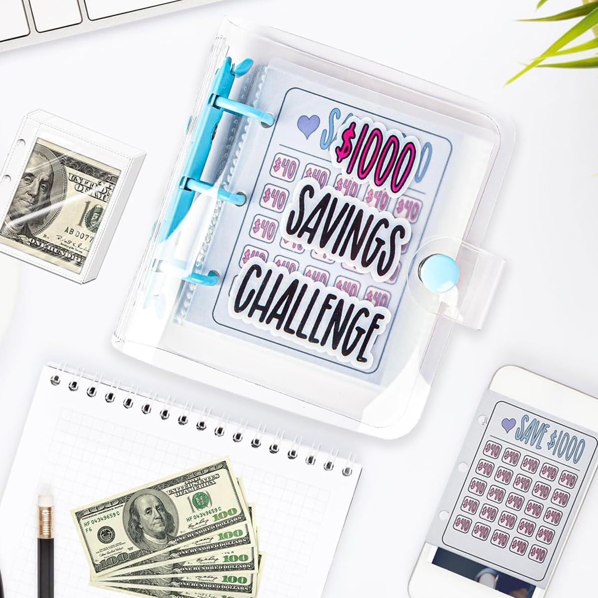 OFIFO Money Saving Box Binder for 1000 Challenge with PVC Cash Pockets and Snap Closure | Portable Piggy Bank for Adults