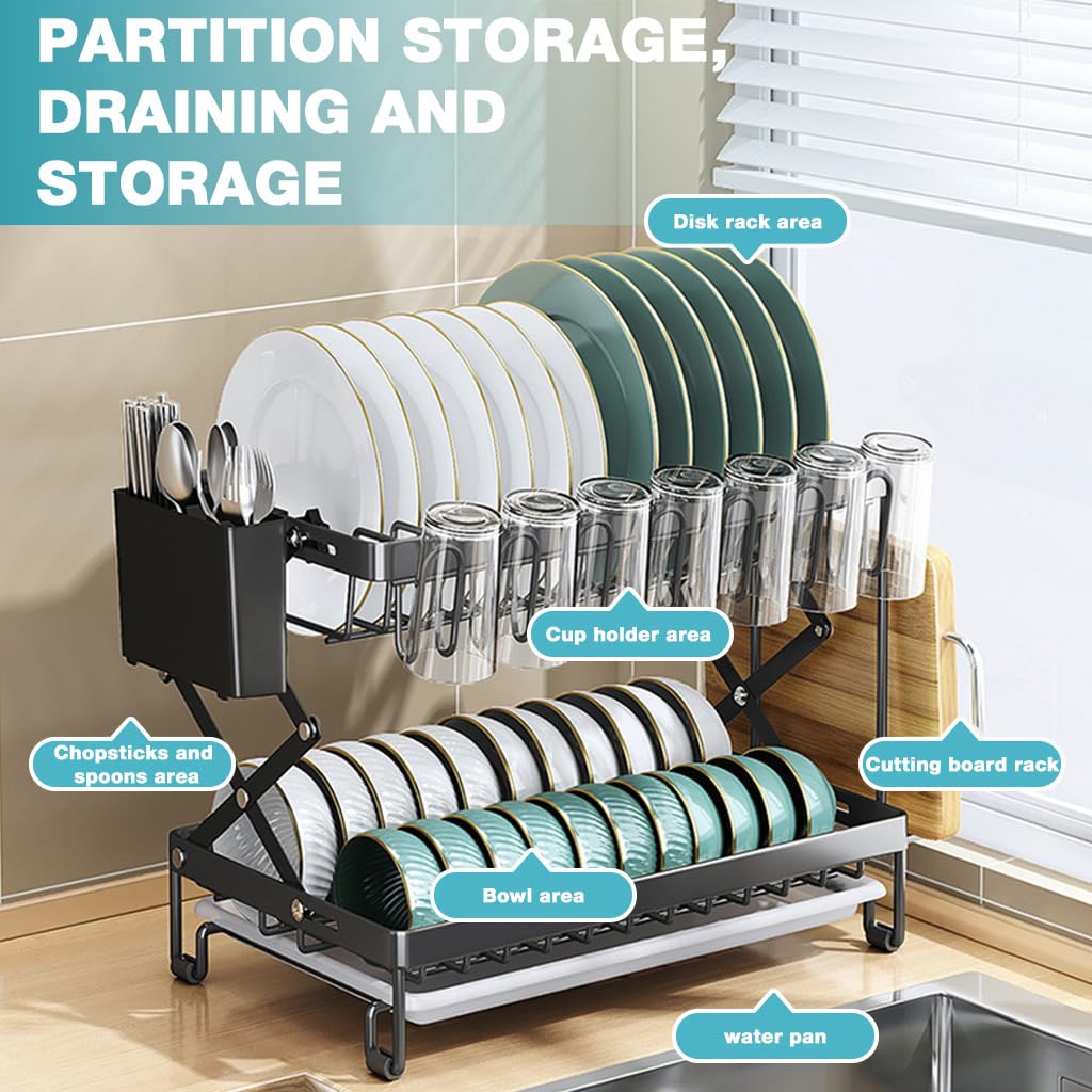HASTHIP Kitchen Dish Rack with Double Layer Drain System and Utensil Storage | 40x28x31.5cm Carbon Steel