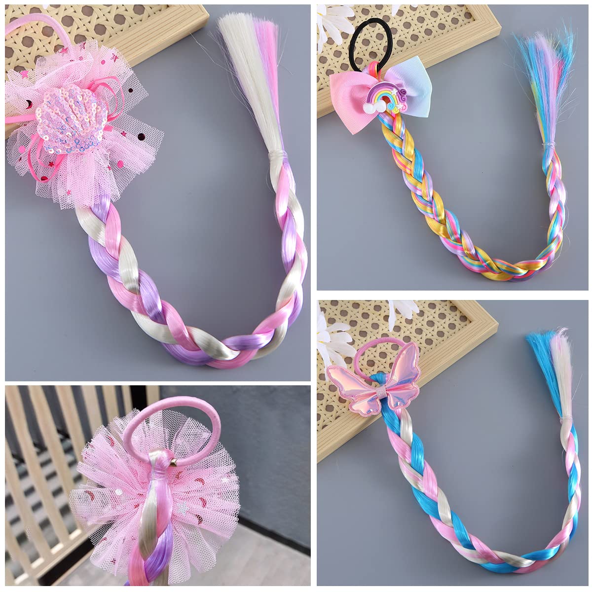 SANNIDHI Hair Extensions for Kids with Rubber Band Bows and Glitter Braids | 6PCS Synthetic Ponytails