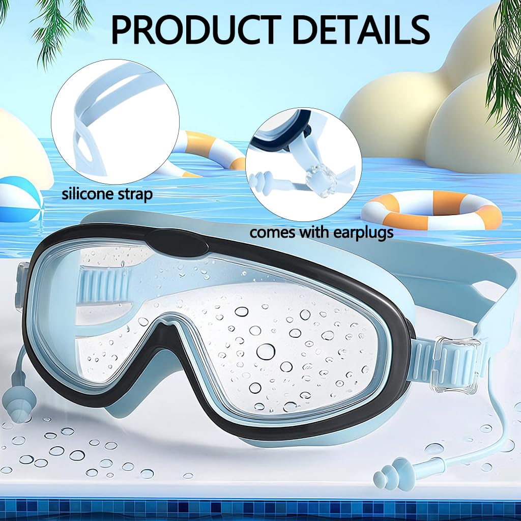 ZIBUYU Swimming Goggles for Kids with Adjustable Strap and UV Anti Fog Lenses | Blue Black