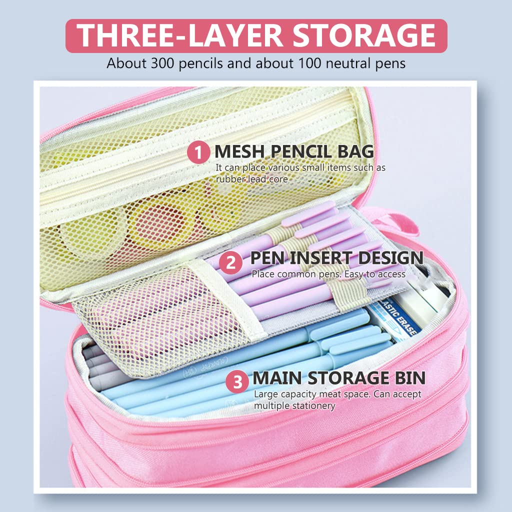 HASTHIP Large Capacity Pencil Case for Students with 3 Layers Foldable Design and Handle | Pink Canvas 22.5×9.5×11cm Organizer