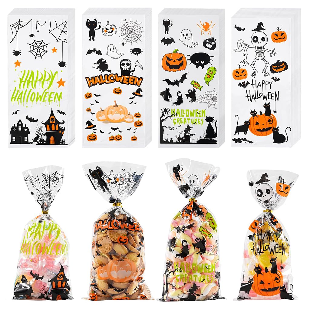 HASTHIP Halloween Goodie Bags for Party Treats featuring 100 Pack 5.1×10.6 in Size with Golden Twist Ties