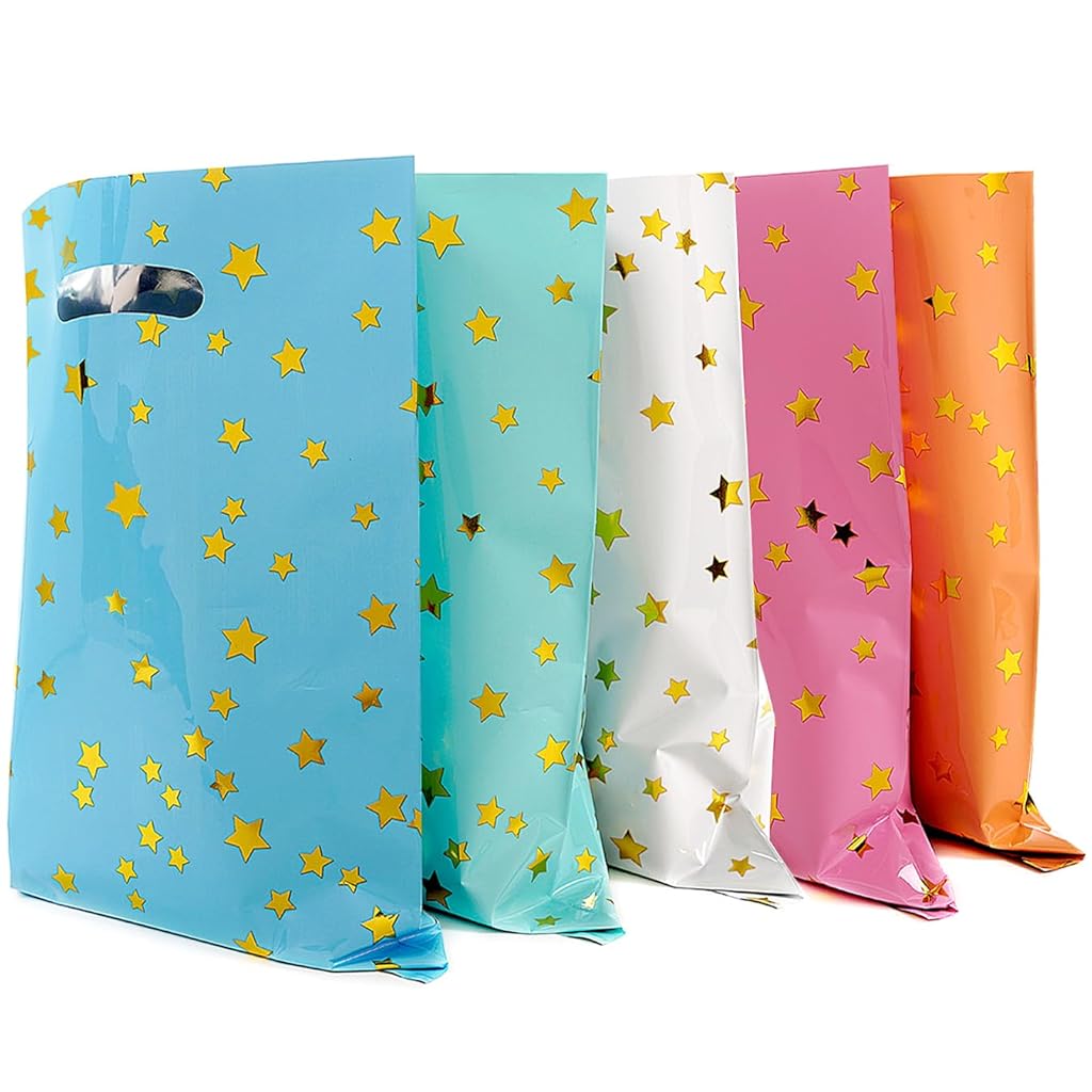HASTHIP® 50Pcs Gift Bags Candy Bags 5-Color Star Print Gift Bags for Children's Day Gift Bags Party Favor Bags, 33x18cm