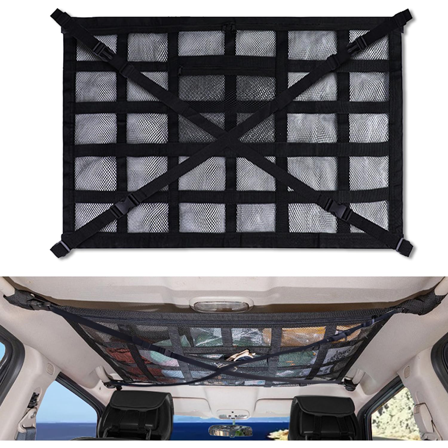 STHIRA® Car Ceiling Storage Mesh Net-Pocket Strengthen Load-Bearing Double-Layer Mesh Car Roof Organizer