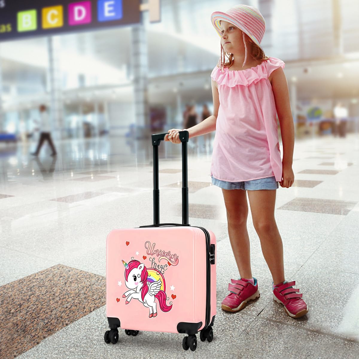 PALAY® Kids Travel Luggage 20'' Wheeled Luggage with Combination Password Lock Sturdy PC Travel Suitcase Cute Cartoon Unicorn Carry-on Wheeled Luggage Travel Roller Luggage School Gift for Students