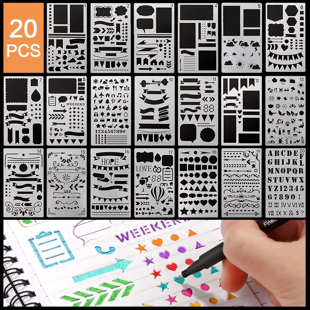 HASTHIP 20 PCS Journal Stencil Plastic Planner Set for Journal, Notebook, Diary, Scrapbook, DIY Drawing Template, Journal Stencils 4x7 Inch