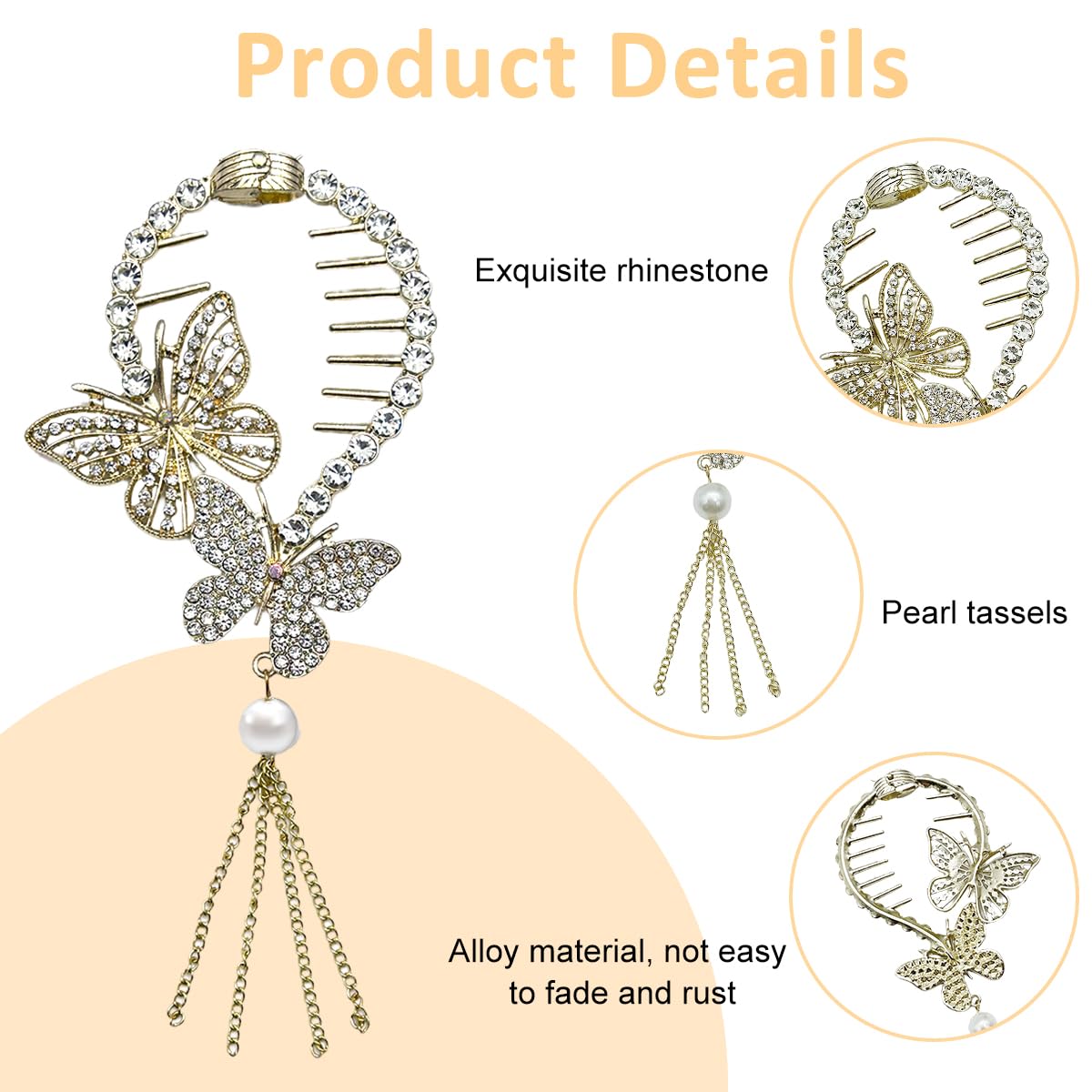 Venzina Butterfly Bow Hair Clip for Wedding and Daily Use featuring Self Lock Claw | Rhinestone Tassel Design for Women Girls