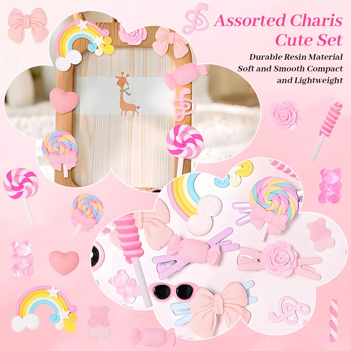 HASTHIP Phone Case Charm Set for DIY Crafting with 60 Flat Back Resin Pieces | Pink Sweet Theme