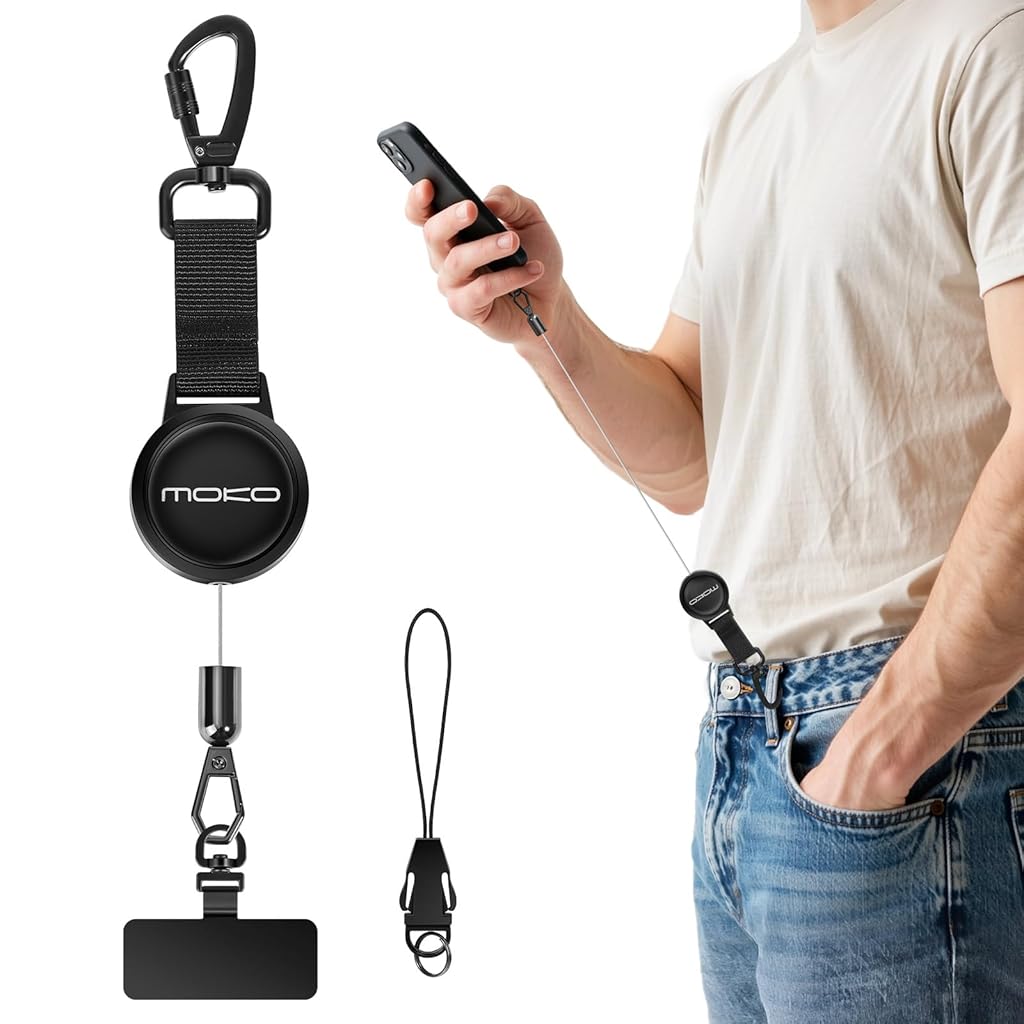ELEPHANTBOAT® 23.6in Telescopic Phone Holder with Metal Carabiner & Swivel Tether Tab, Steel Wire Extendable Cell Phone Mount Multipurpose Badge Holder ID Card Holder