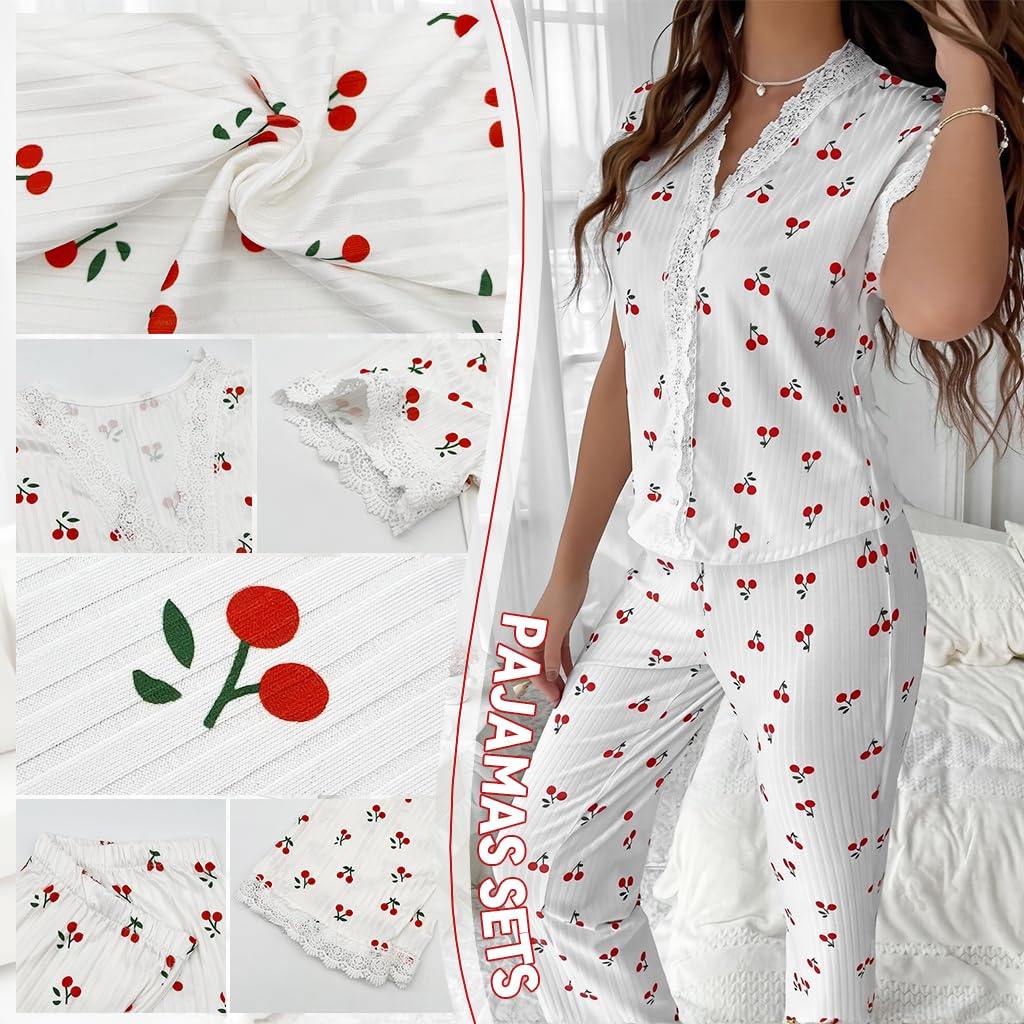 SANNIDHI Pajama Set for Women featuring Sweet Cherry Print and V-Neck Lace Edge | Soft Sleepwear for Home and Lounge