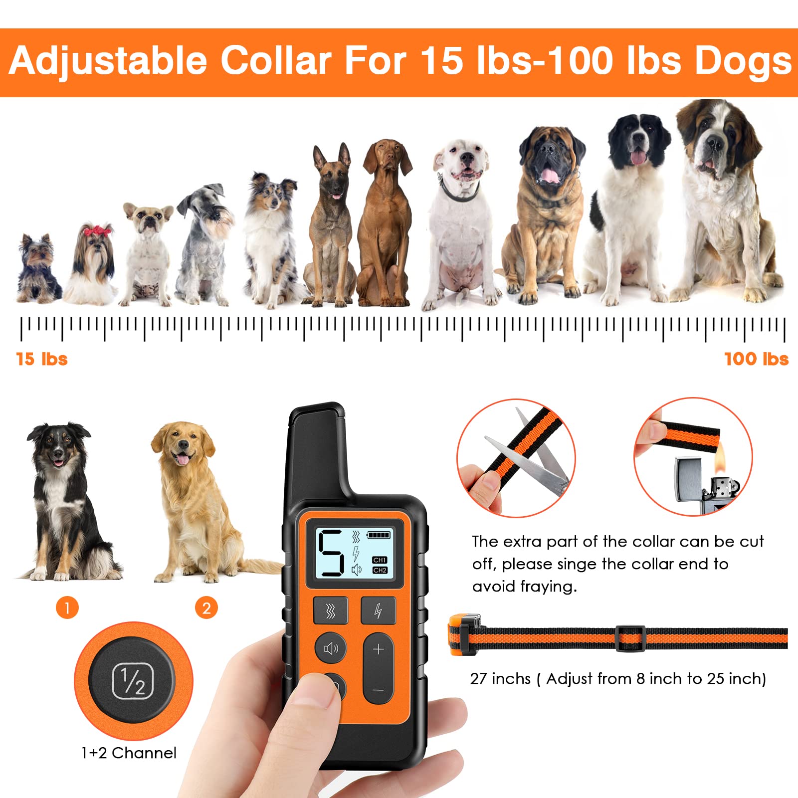 Qpets Dog Training Collar Remote Control Within 500m, 3 Training Modes, Beep, Vibration and Pulse Safe Electric Dog Shock Collar for Training Behavior Command for Doberman, German Shepherd